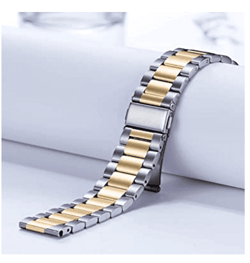 Garmin Forerunner 245 Music Bands, 20mm Stainless Steel Metal Replacement Strap Loop Bracelet Women Men (Dual Silver Gold)