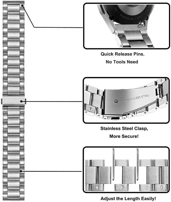 Garmin Forerunner 245 Music Bands, 20mm Stainless Steel Metal Replacement Strap Loop Bracelet Women Men (Silver)
