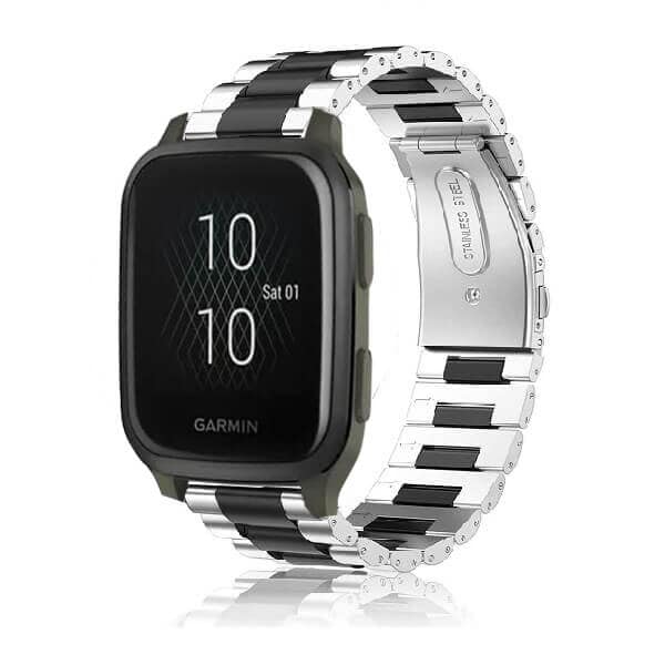 Garmin Venu SQ Bands, 20mm Stainless Steel Metal Replacement Strap Loop Bracelet Women Men (Dual Black Silver)