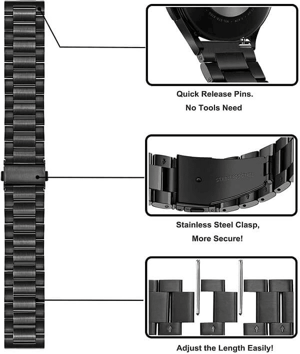 Garmin Vivoactive 3 Bands, 20mm Stainless Steel Metal Replacement Strap Loop Bracelet Women Men (Black)