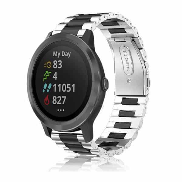 Garmin Vivoactive 3 Bands, 20mm Stainless Steel Metal Replacement Strap Loop Bracelet Women Men (Dual Black Silver)