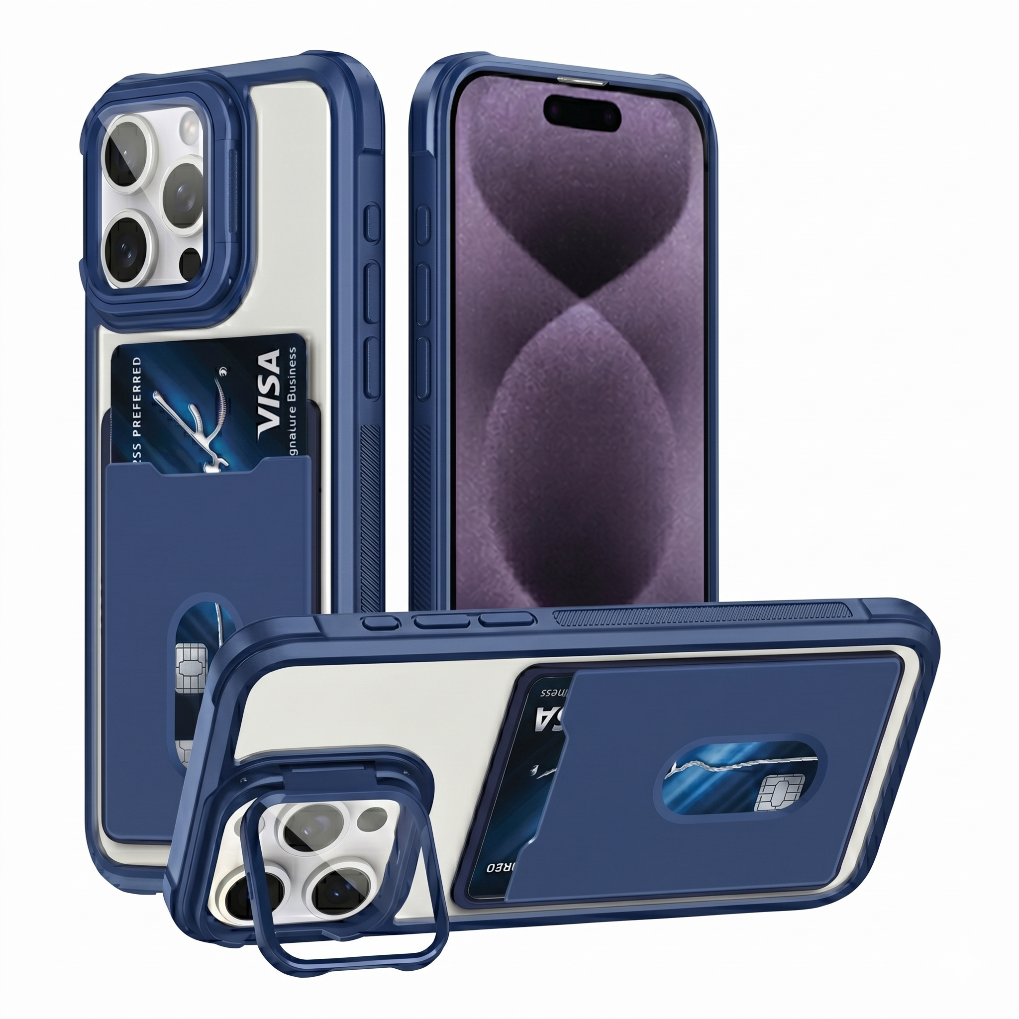 For Apple iPhone 13/14/15/16 Pro Max Plus Hard Back Wallet Card Holder Mobile Camera Stand Phone Case Cover