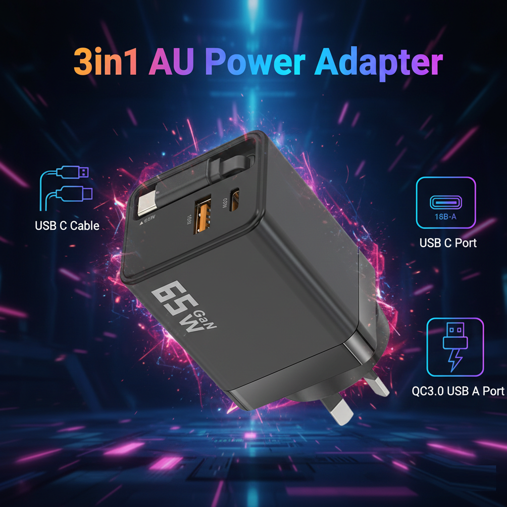 65W GaN Fast Charging Charger with AU Wall Plug Power Adapter - Compact Design Including a 70cm Built-in Retractable Type-C Cable Plus Dual Output Ports (USB-C & QC3.0 USB-A)
