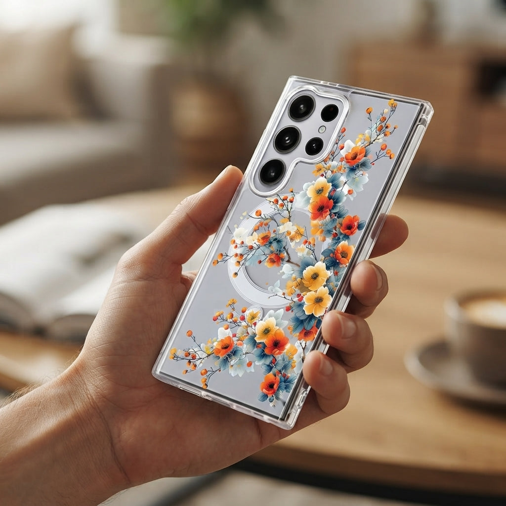 Cute Floral Flower Pattern Hard Clear MagSafe Magnetic Protective Back Case Cover For Samsung Galaxy S26/S25/S24 Ultra