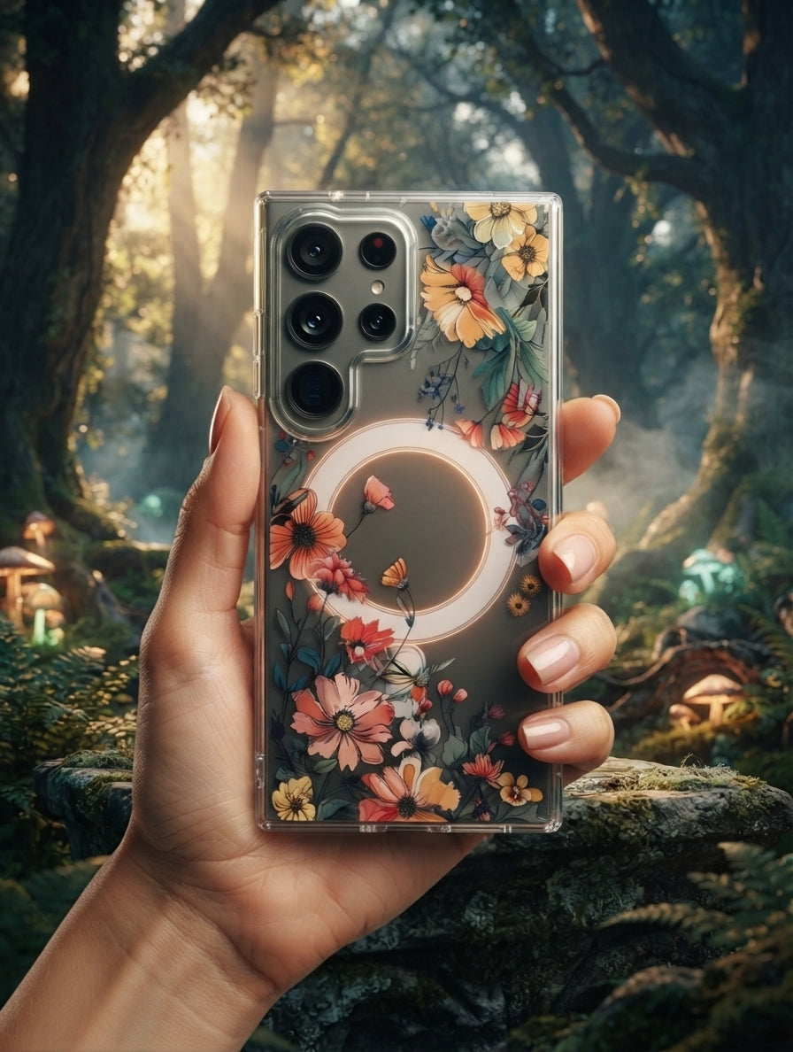 Cute Floral Flower Pattern Hard Clear MagSafe Magnetic Protective Back Case Cover For Samsung Galaxy S26/S25/S24 Ultra