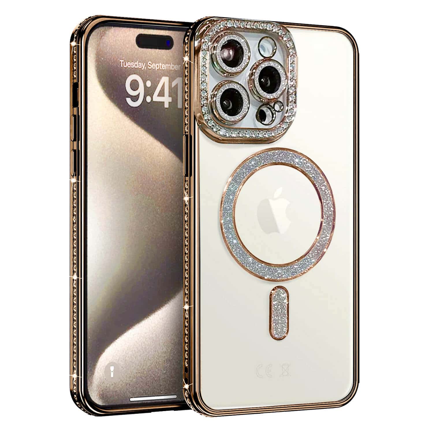 For Apple iPhone 15 Pro Case, MagSafe Magnetic Diamond Rhinestone Glitter Cute Crystal Bling Full Camera Lens Protector Shockproof Cover