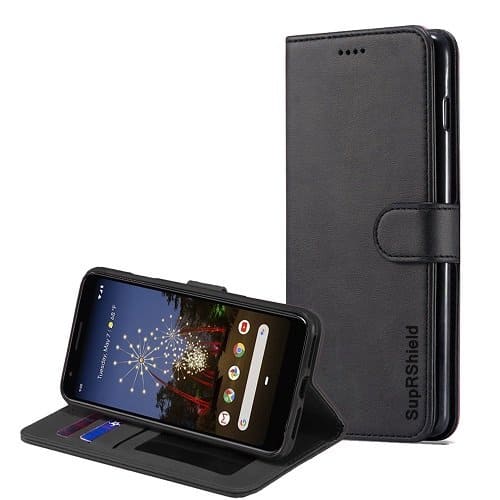 Google Pixel 3a XL Genuine SupRShield Wallet Leather Flip Stand Magnetic Case Cover (Black)