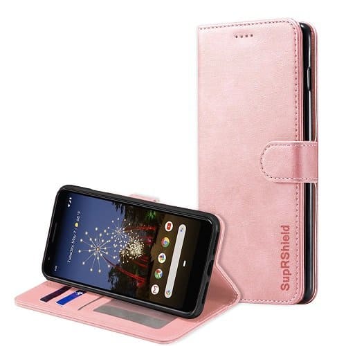 Google Pixel 3a XL Genuine SupRShield Wallet Leather Flip Stand Magnetic Case Cover (Rose Gold)