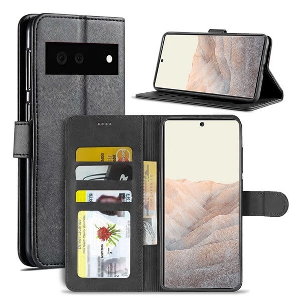 Google Pixel 6 Wallet Case Flip Leather Card Slots Shockproof Magnetic Stand Cover (Black)