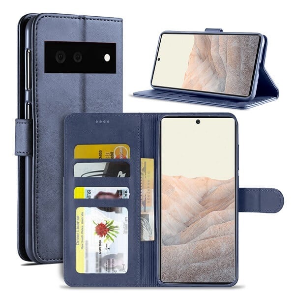 Google Pixel 6 Wallet Case Flip Leather Card Slots Shockproof Magnetic Stand Cover (Navy Blue)