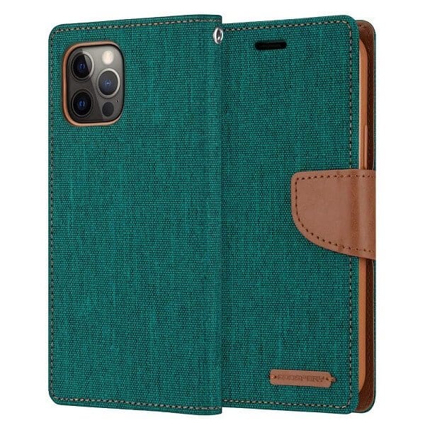 Goospery Canvas Apple iPhone 12 Pro Max Wallet Leather Case Denim Stand Flip Fabric Pouch Credit Card Slots Cover - Green