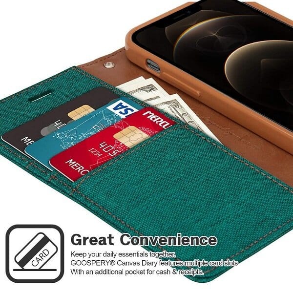 Goospery Canvas Apple iPhone 12 Pro Max Wallet Leather Case Denim Stand Flip Fabric Pouch Credit Card Slots Cover - Green