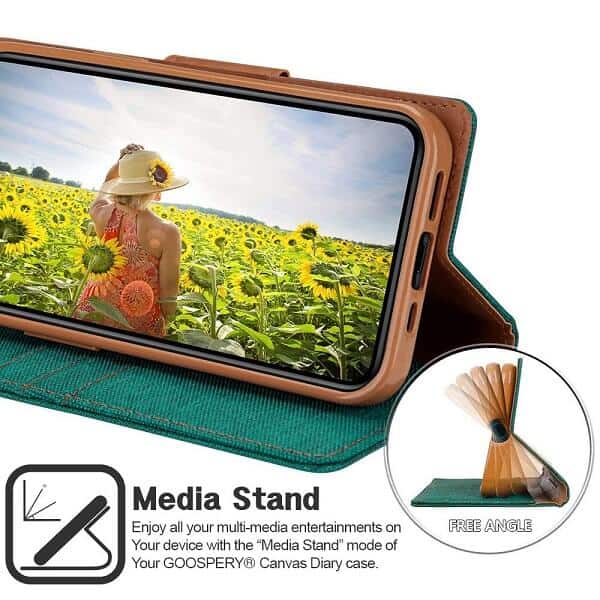 Goospery Canvas Apple iPhone 12 Pro Max Wallet Leather Case Denim Stand Flip Fabric Pouch Credit Card Slots Cover - Green