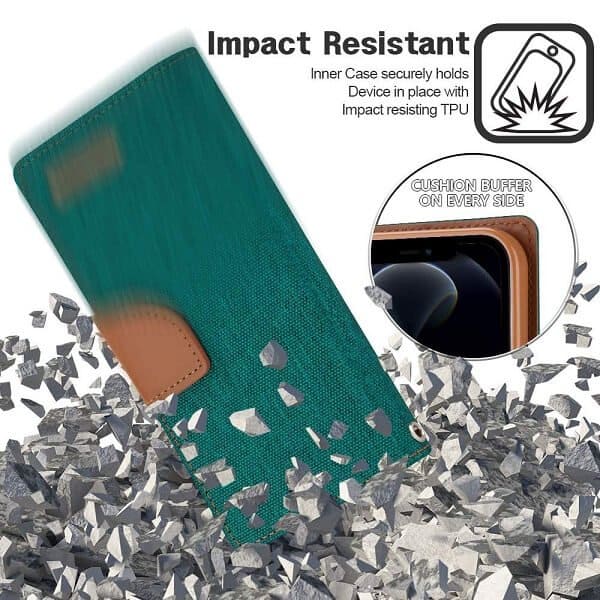 Goospery Canvas Apple iPhone 12 Pro Max Wallet Leather Case Denim Stand Flip Fabric Pouch Credit Card Slots Cover - Green