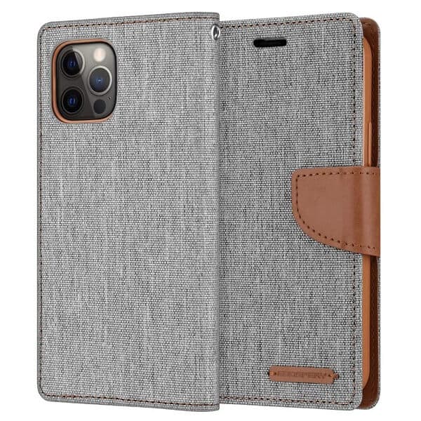 Goospery Canvas Apple iPhone 12 Pro Max Wallet Leather Case Denim Stand Flip Fabric Pouch Credit Card Slots Cover - Grey