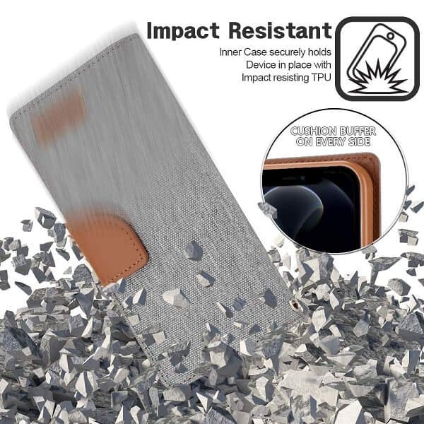 Goospery Canvas Apple iPhone 12 Pro Max Wallet Leather Case Denim Stand Flip Fabric Pouch Credit Card Slots Cover - Grey