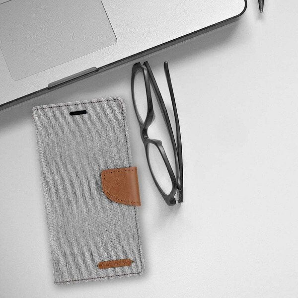 Goospery Canvas Apple iPhone 12 Pro Max Wallet Leather Case Denim Stand Flip Fabric Pouch Credit Card Slots Cover - Grey