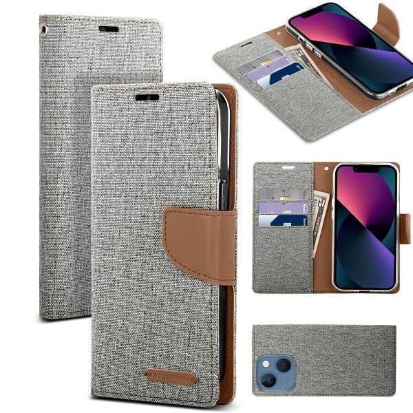 Goospery Canvas Apple iPhone 13 Mini Wallet Leather Case Denim Stand Flip Fabric Pouch Credit Card Slots Cover - Grey