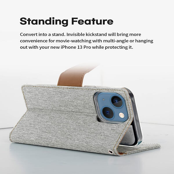Goospery Canvas Apple iPhone 13 Mini Wallet Leather Case Denim Stand Flip Fabric Pouch Credit Card Slots Cover - Grey