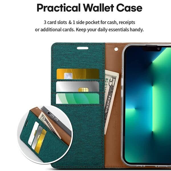 Goospery Canvas Apple iPhone 13 Pro Wallet Leather Case Denim Stand Flip Fabric Pouch Credit Card Slots Cover - Green