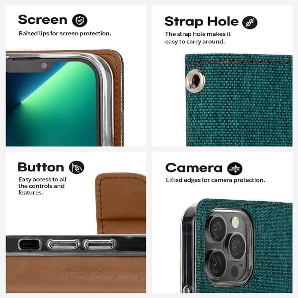 Goospery Canvas Apple iPhone 13 Pro Wallet Leather Case Denim Stand Flip Fabric Pouch Credit Card Slots Cover - Green