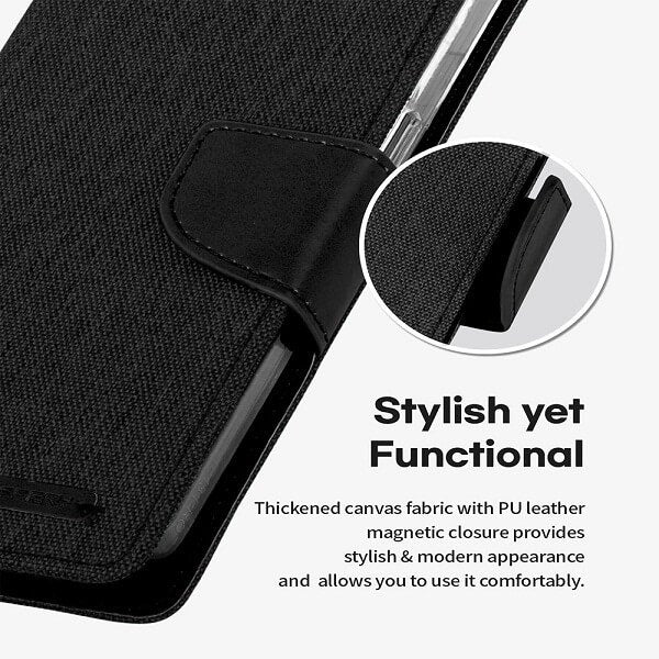 Goospery Canvas Apple iPhone 13 Wallet Leather Case Denim Stand Flip Fabric Pouch Credit Card Slots Cover - Black