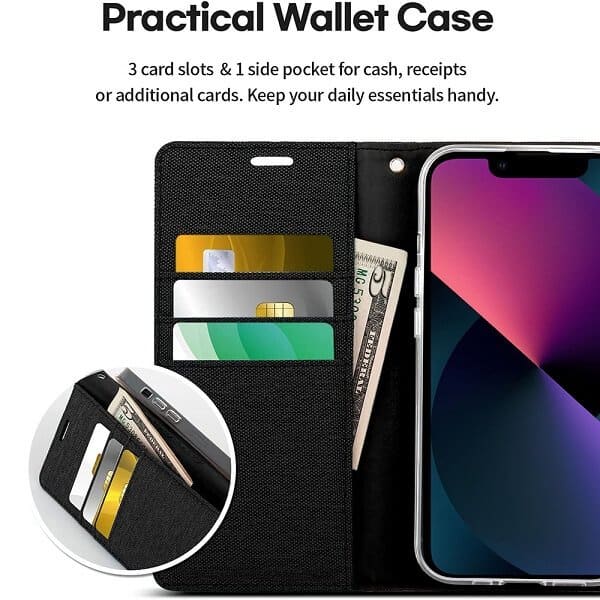 Goospery Canvas Apple iPhone 13 Wallet Leather Case Denim Stand Flip Fabric Pouch Credit Card Slots Cover - Black