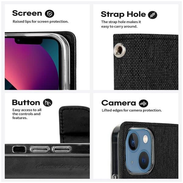 Goospery Canvas Apple iPhone 13 Wallet Leather Case Denim Stand Flip Fabric Pouch Credit Card Slots Cover - Black