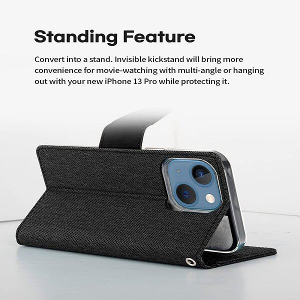 Goospery Canvas Apple iPhone 13 Wallet Leather Case Denim Stand Flip Fabric Pouch Credit Card Slots Cover - Black