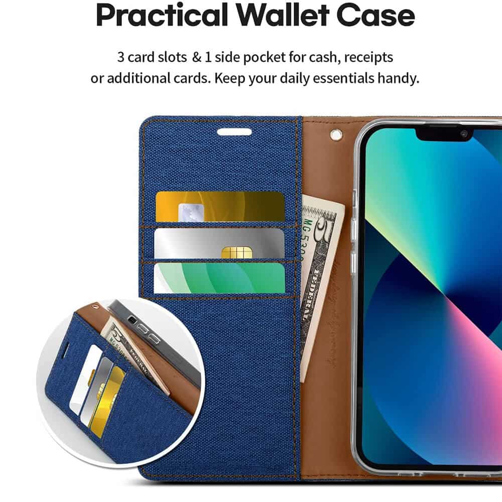 Goospery Canvas Apple iPhone 13 Wallet Leather Case Denim Stand Flip Fabric Pouch Credit Card Slots Cover - Navy Blue