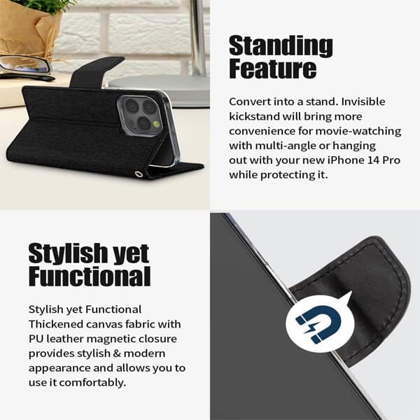 Goospery Canvas Apple iPhone 14 Pro Wallet Leather Case Denim Stand Flip Fabric Pouch Credit Card Slots Cover - Black