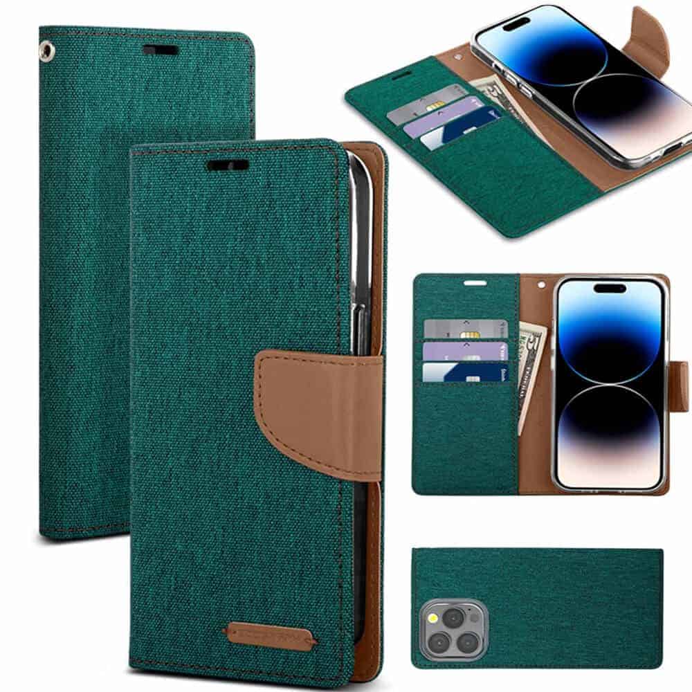 Goospery Canvas Apple iPhone 14 |14 Pro|14 Pro Max|14 Plus Wallet Leather Case Denim Stand Flip Fabric Pouch Credit Card Slots Cover - Black