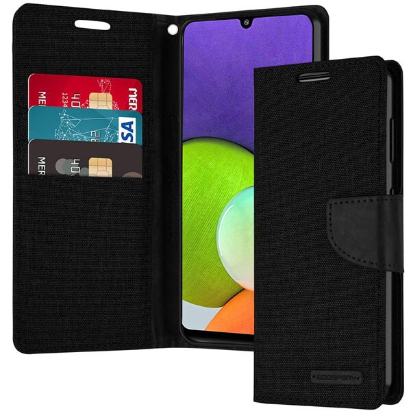 Goospery Canvas Samsung Galaxy A22 4G Wallet Leather Case Denim Stand Flip Fabric Pouch Credit Card Slots Cover - Black