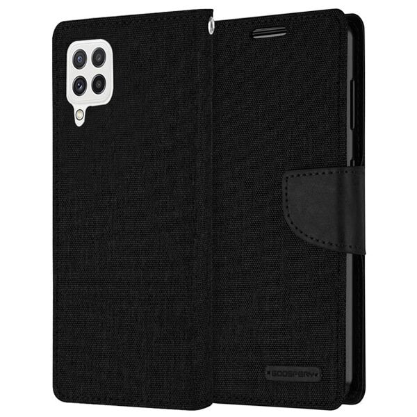 Goospery Canvas Samsung Galaxy A22 4G Wallet Leather Case Denim Stand Flip Fabric Pouch Credit Card Slots Cover - Black