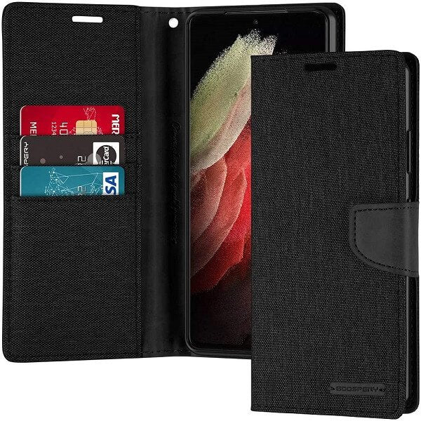 Goospery Canvas Samsung Galaxy S21 | S21 FE | S21+ /S21 Plus | S21 Ultra Wallet Leather Case Denim Stand Flip Fabric Pouch Credit Card Slots Cover