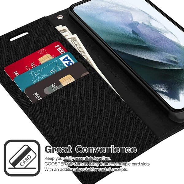 Goospery Canvas Samsung Galaxy S21 Wallet Leather Case Denim Stand Flip Fabric Pouch Credit Card Slots Cover - Black
