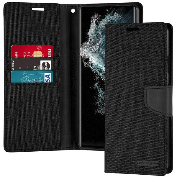 Goospery Canvas Samsung Galaxy S22 Ultra Wallet Leather Case Denim Stand Flip Fabric Pouch Credit Card Slots Cover - Black