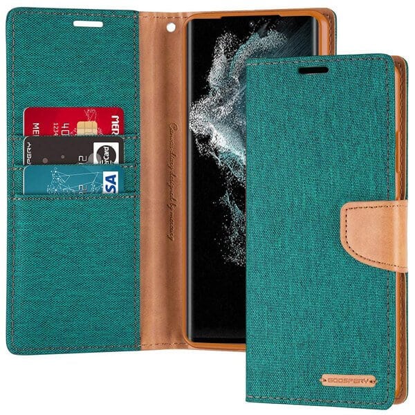 Goospery Canvas Samsung Galaxy S22 Ultra Wallet Leather Case Denim Stand Flip Fabric Pouch Credit Card Slots Cover - Green