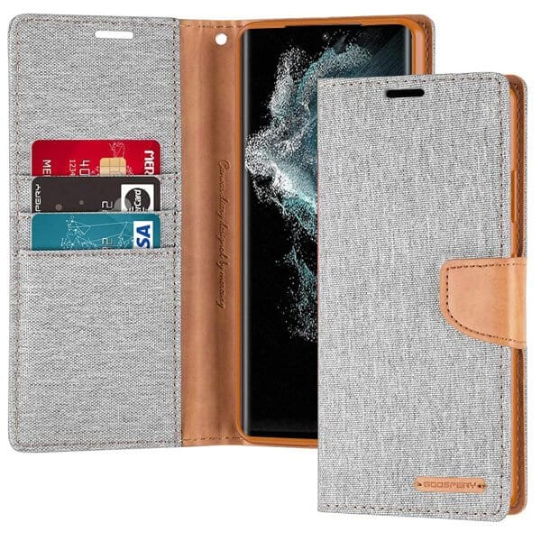 Goospery Canvas Samsung Galaxy S22 Ultra Wallet Leather Case Denim Stand Flip Fabric Pouch Credit Card Slots Cover - Grey