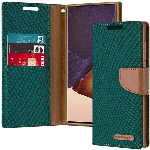 Goospery Samsung Galaxy Note 20 Ultra Canvas Wallet Flip Case Leather Card Slots Magnetic Cover (Green)