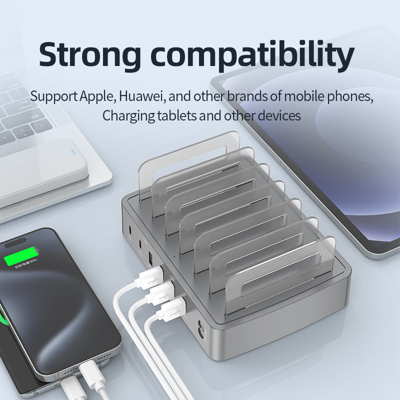 72W 6-Port USB-C PD3.0 & QC3.0 Fast Charging Dock Station with Phone & Tablet Holder – Multi-Device Desktop Charger for iPhone, iPad, Samsung & Android