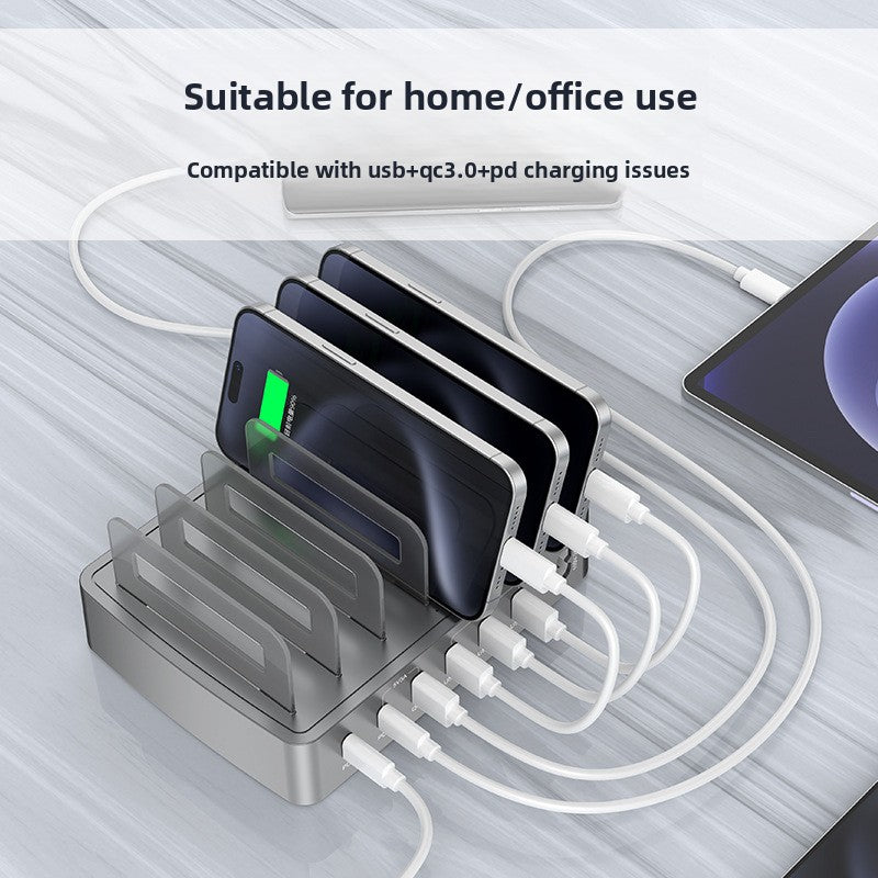 72W 6-Port USB-C PD3.0 & QC3.0 Fast Charging Dock Station with Phone & Tablet Holder – Multi-Device Desktop Charger for iPhone, iPad, Samsung & Android