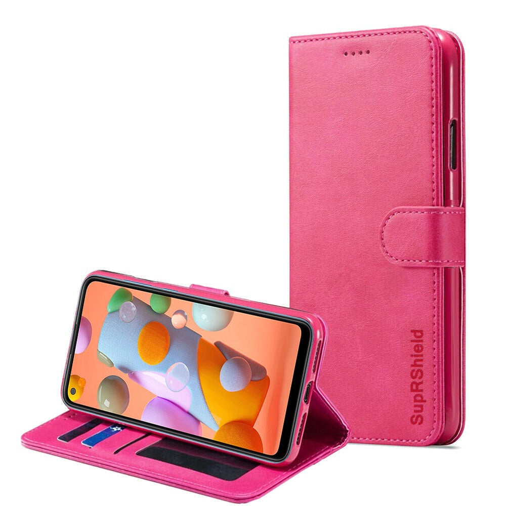For Samsung Galaxy A11 Wallet Flip Case Leather Card Slots Cover (Hot Pink)