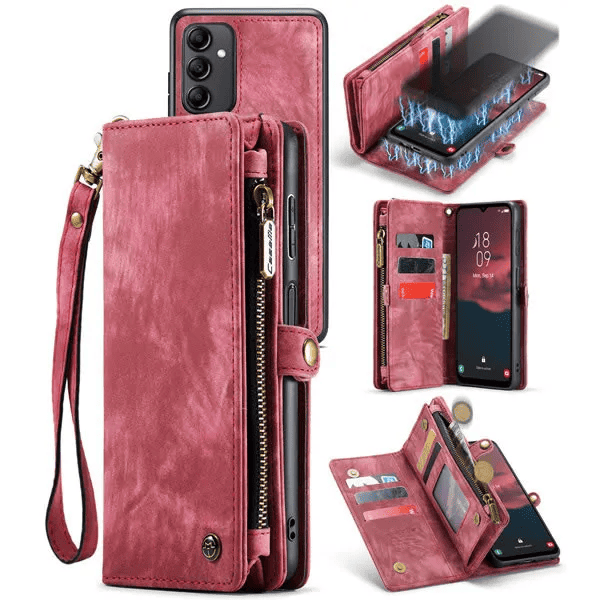 CaseMe For Samsung Galaxy A14 5G Magnetic Detachable Leather Zipper Wallet Case with Wrist Strap Red