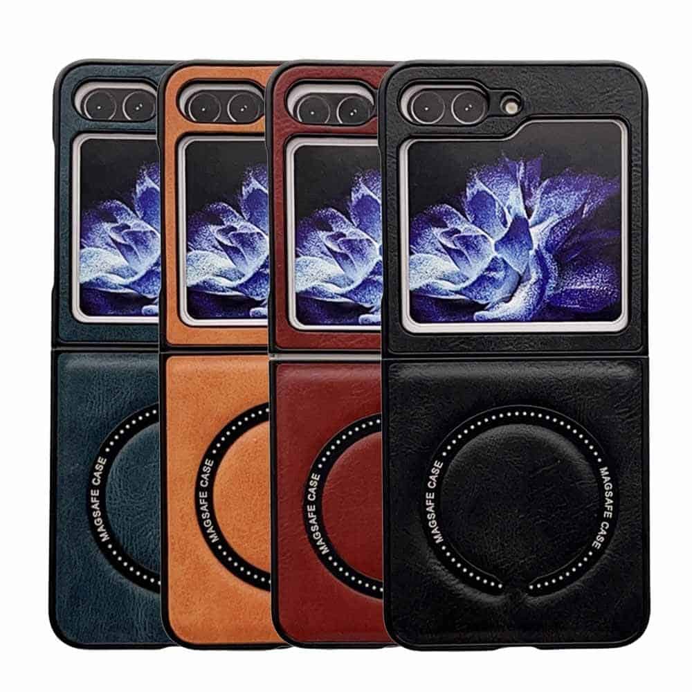 For Samsung Galaxy Z Flip5 Leather Pattern Magnetic MagSafe PU Back Phone Case Protective Cover