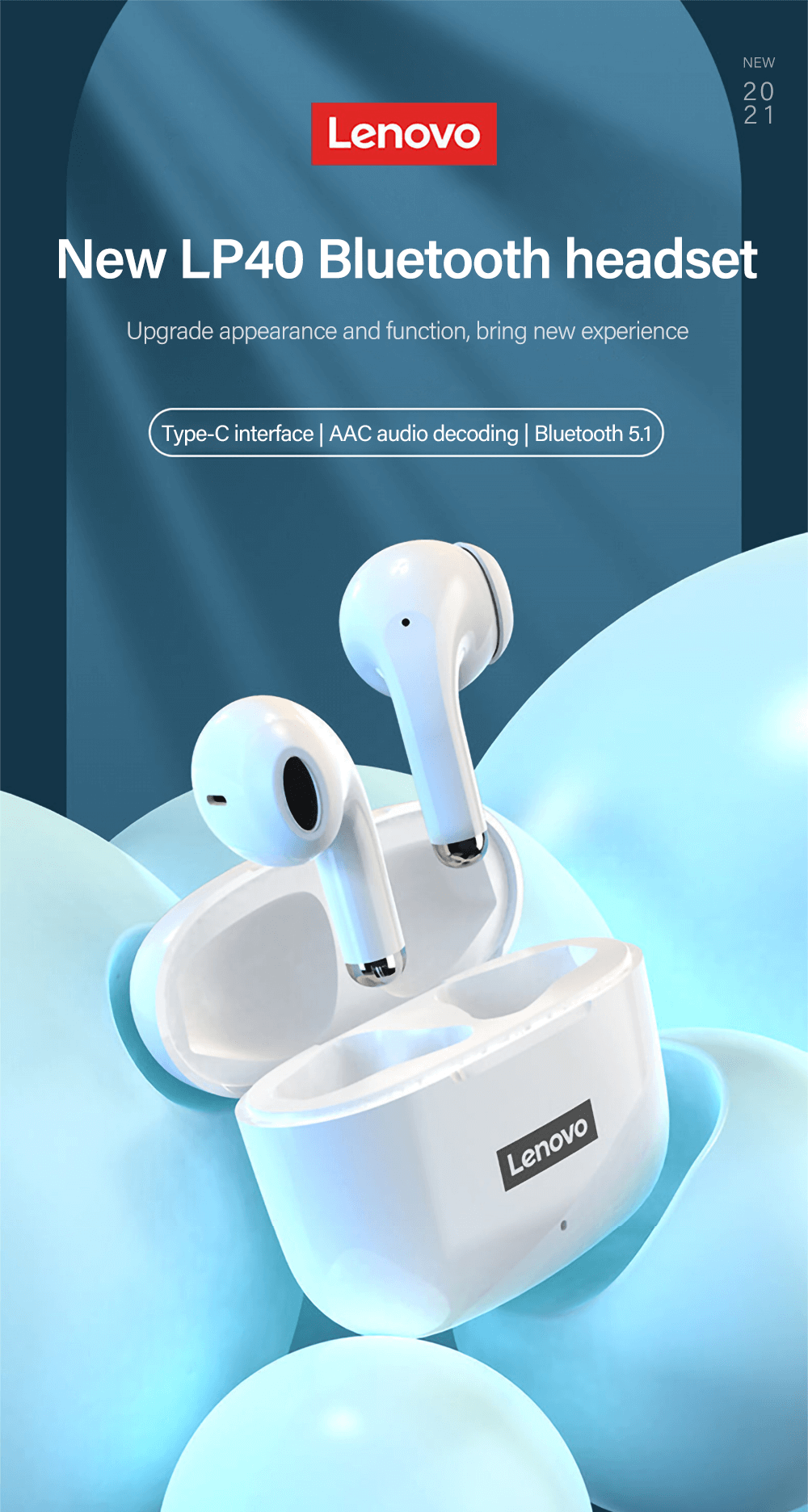 Lenovo LP40 Pro TWS Wireless Earphones Bluetooth 5.1 Waterproof Headset Touch Control Dual Stereo Bass Earbuds Sports Headphones (White)