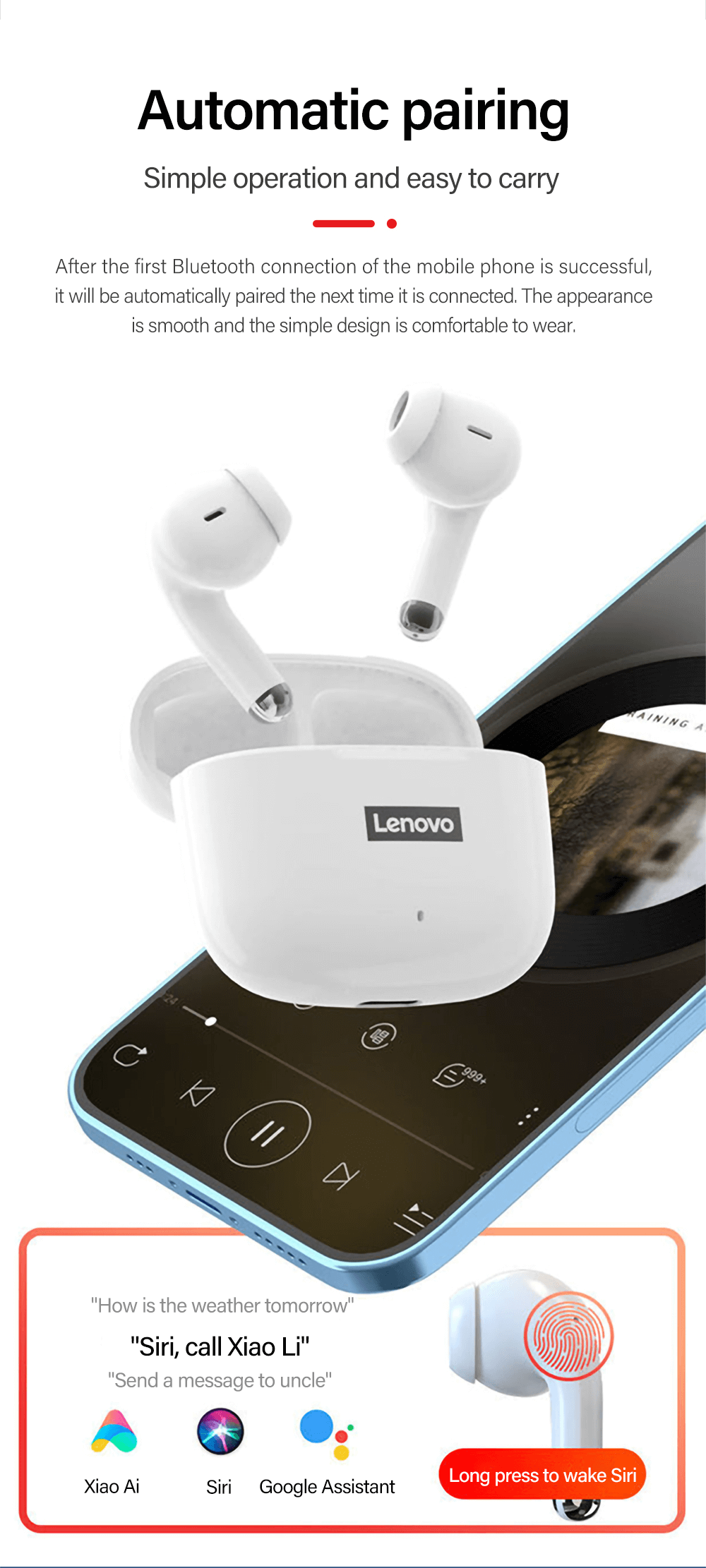 Lenovo LP40 Pro TWS Wireless Earphones Bluetooth 5.1 Waterproof Headset Touch Control Dual Stereo Bass Earbuds Sports Headphones (White)