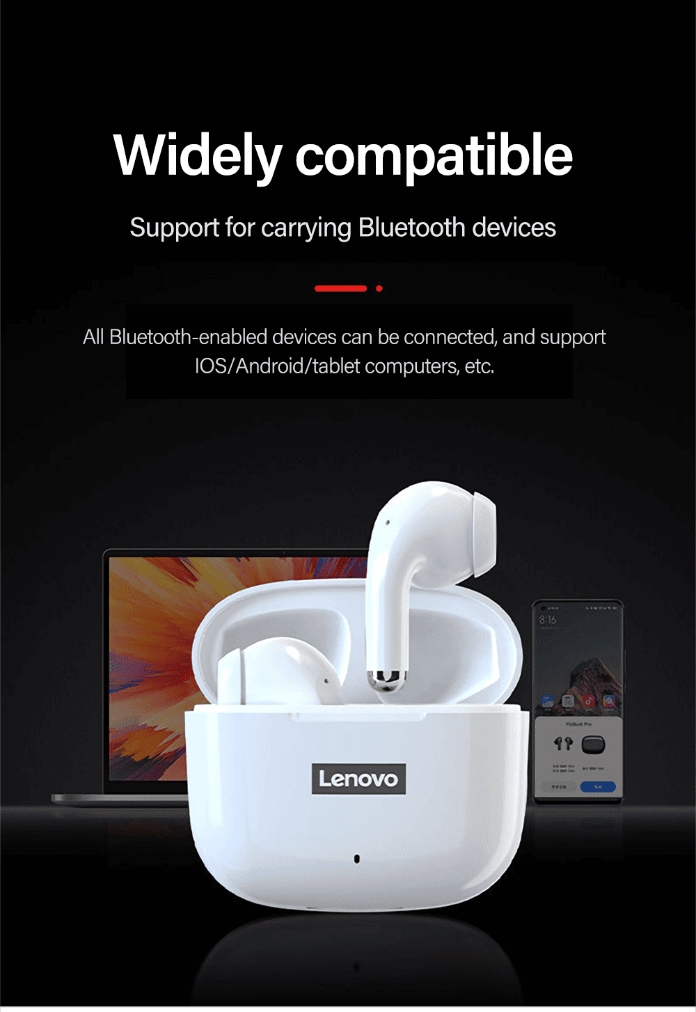 Lenovo LP40 Pro TWS Wireless Earphones Bluetooth 5.1 Waterproof Headset Touch Control Dual Stereo Bass Earbuds Sports Headphones (White)