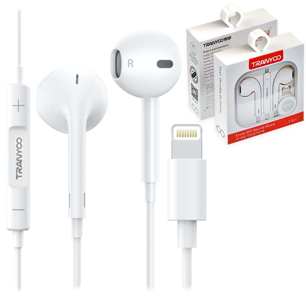 Tranyoo (T-R14) Lightning Wired Headphones Earphones Earbuds Headset For iPhone/iPad/iPod 14/13/12/11/XR/XS/X/8 (Built-in Microphone & Volume Control)