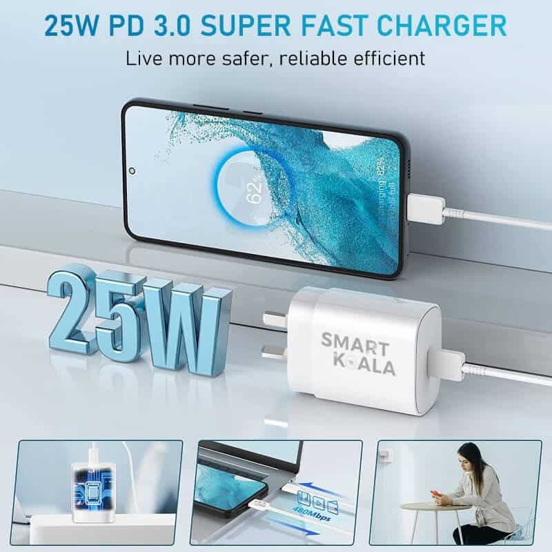 Smart Koala 25W Super Fast Charger, SAA Certified USB C Wall Adapter with 1M Type C Cable for Samsung S24/S23/S22/S21 Ultra, Note ,Galaxy Watch, iPad